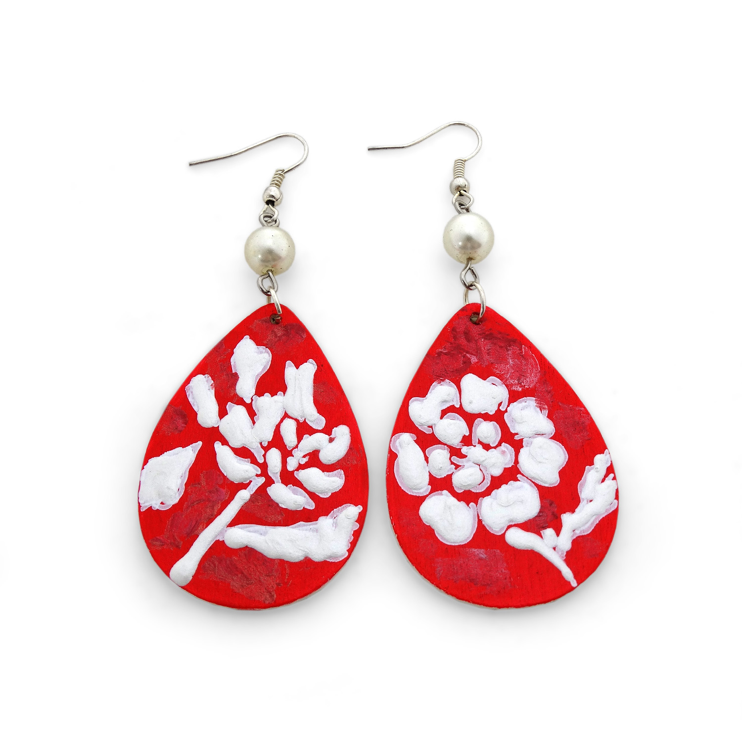 Hand-painted earrings - White on red