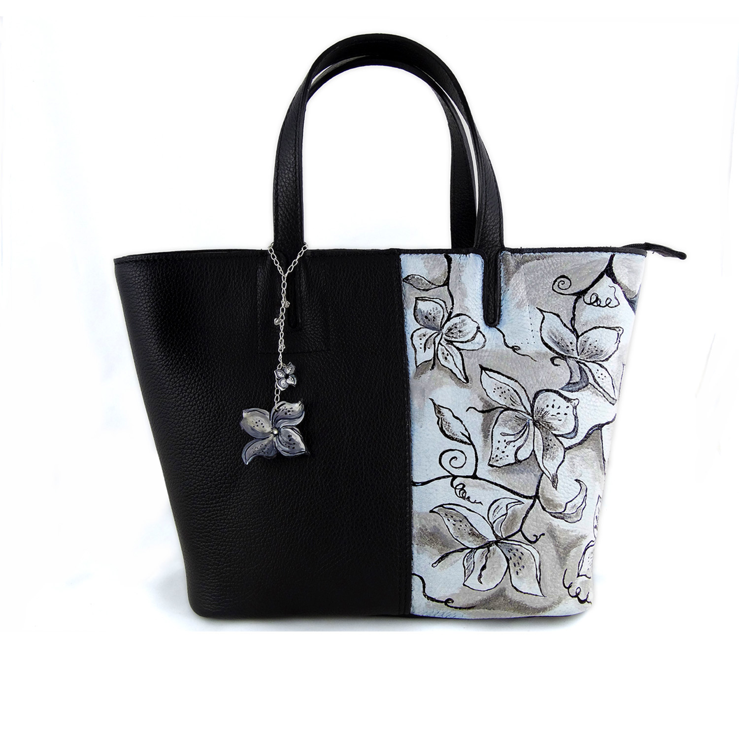 Hand painted bag - Black and white flowers