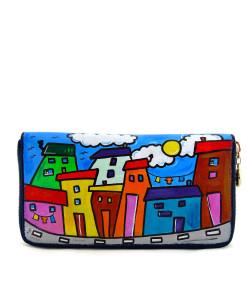 Hand painted wallet - Cartoon city day