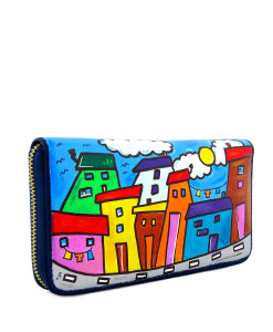 Hand painted wallet - Cartoon city day