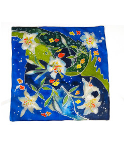 Pure silk hand painted headscarf - White Lilies