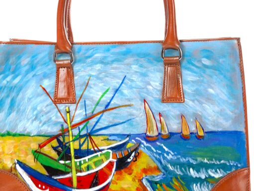 Borsa dipinta a mano - Barche di pescatori sulla spiaggia di Les Saintes-Maries