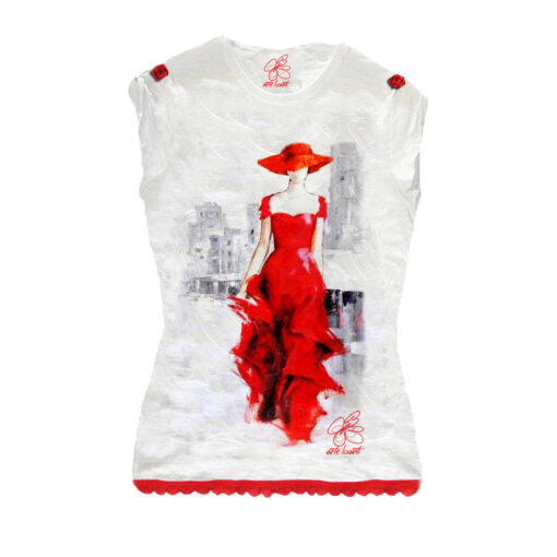 T-shirt dipinta a mano - Lady in red: Skyline