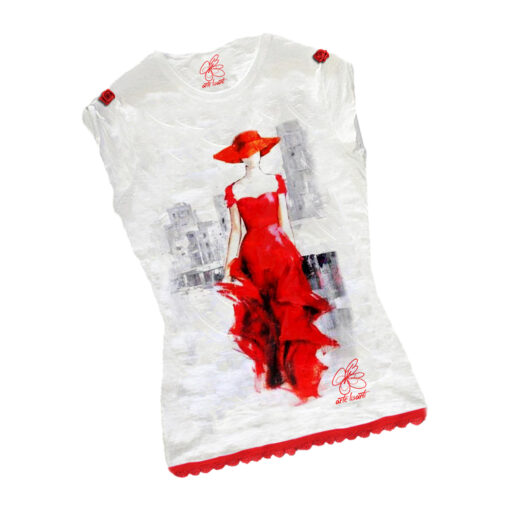 T-shirt dipinta a mano - Lady in red: Skyline