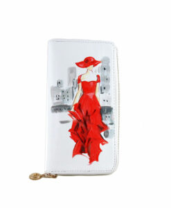 Portafoglio dipinto a mano – Lady in red: Skyline