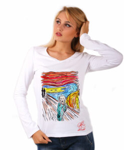 Maglia con scollo a V dipinta a mano - L’urlo di Munch cartoon color