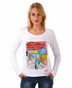 Maglia con scollo a V dipinta a mano - L’urlo di Munch cartoon color