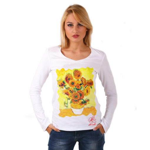 Maglia con scollo a V dipinta a mano - I girasoli di Van Gogh