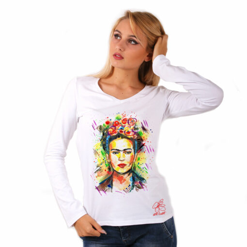 Maglia con scollo a V dipinta a mano - I love Frida Kahlo