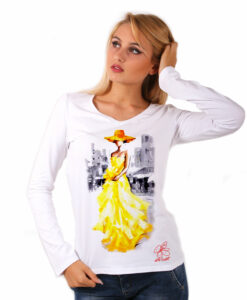 Maglia con scollo a V dipinta a mano - Lady in yellow