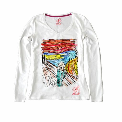 Maglia con scollo a V dipinta a mano - L’urlo di Munch cartoon color