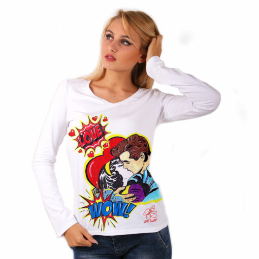 Maglia con scollo a V dipinta a mano - Love, omaggio a Roy Lichtenstein