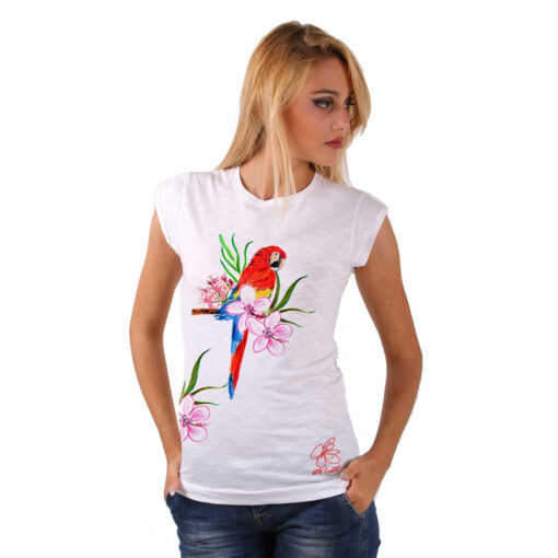 T-shirt dipinta a mano - Red parrot