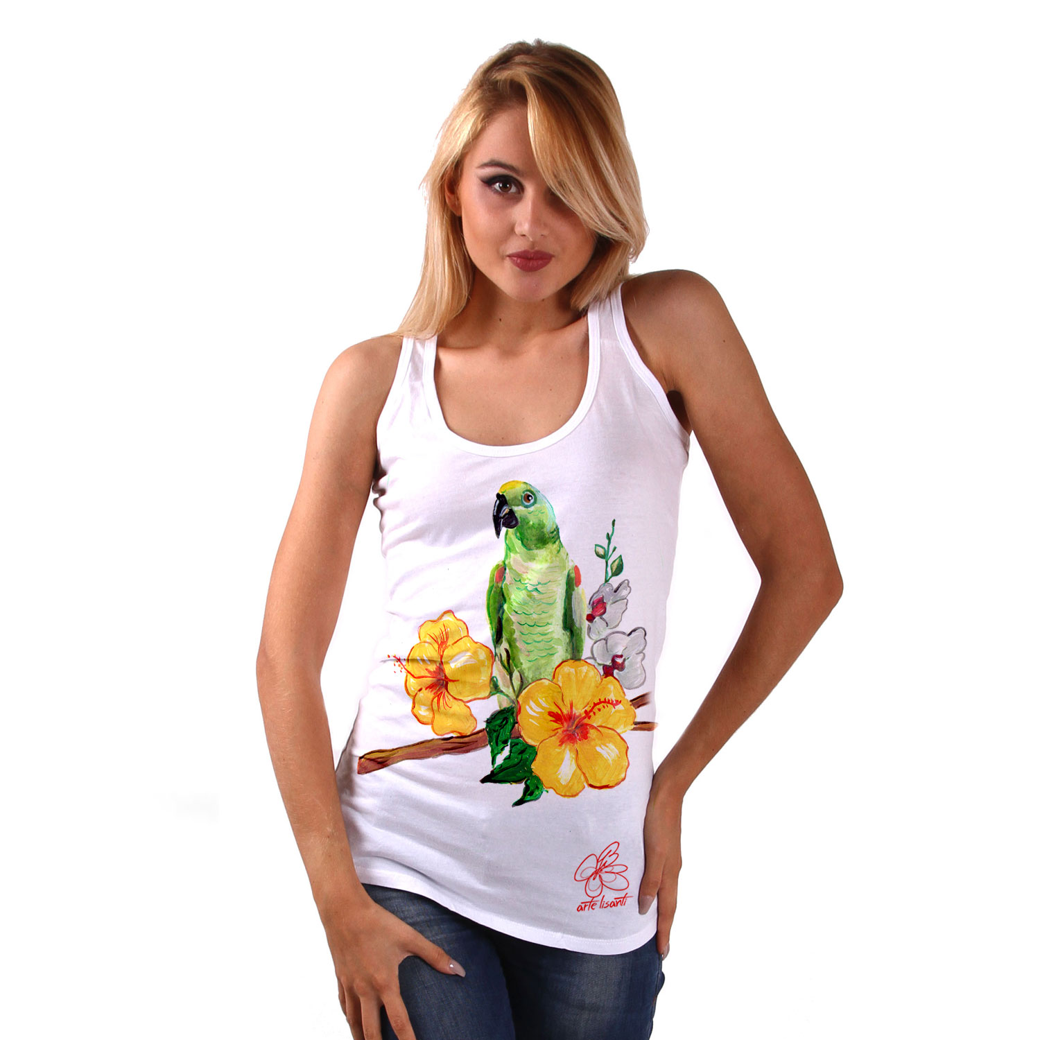 Hand-painted Tank top - Green parrot