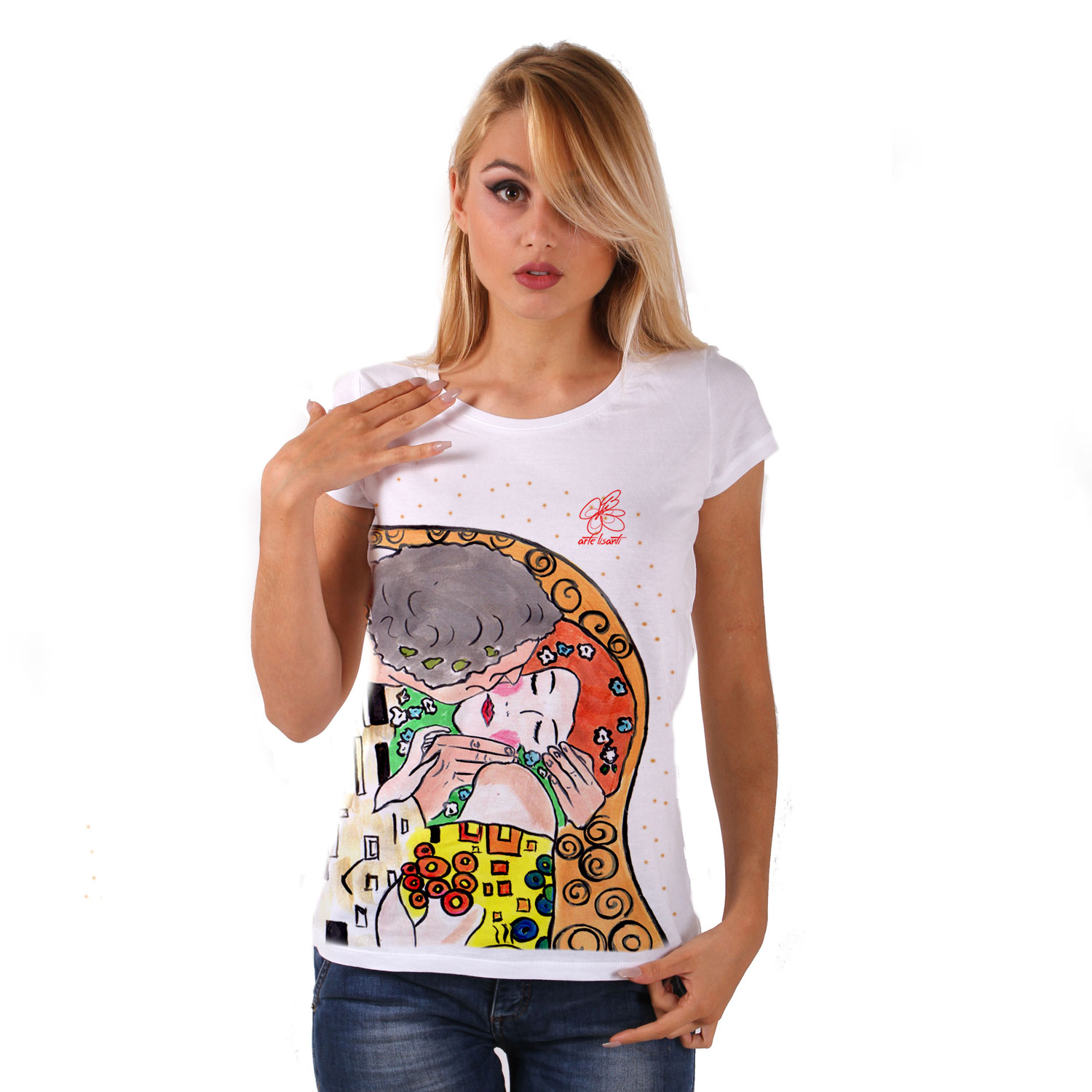 Hand-painted T-shirt - The Kiss by Klimt cartoon color