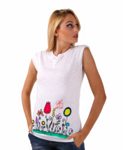 T-shirt in cotone dipinta a mano - Fiori naif