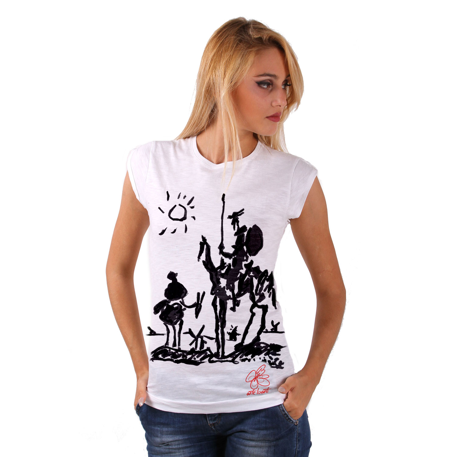 T-shirt in cotone dipinta a mano - Don Chisciotte della Mancia di Picasso