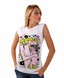 T-shirt in cotone dipinta a mano - Madre e figlio di Klimt cartoon color