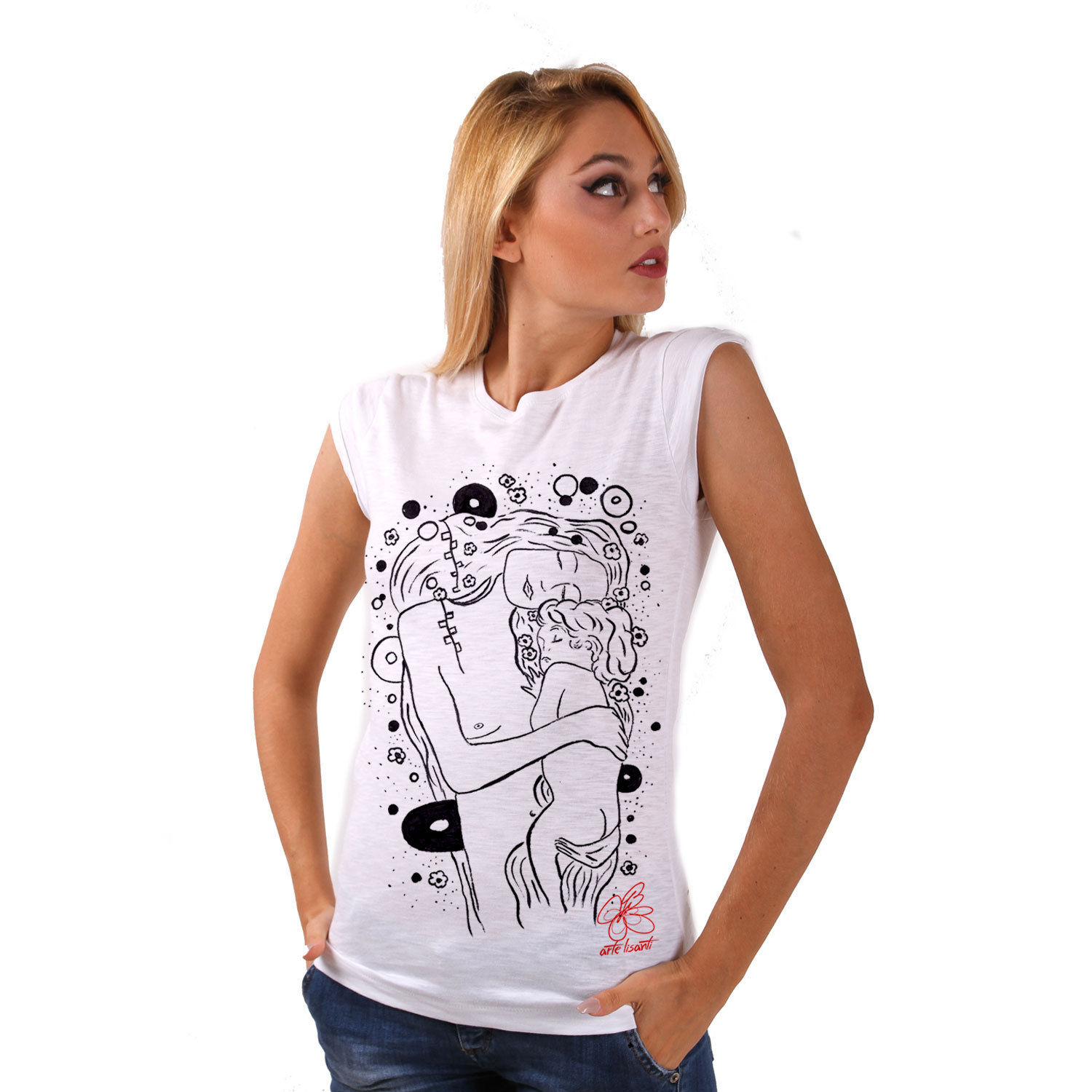 Hand-painted tank top - Mother and son by Klimt black and white