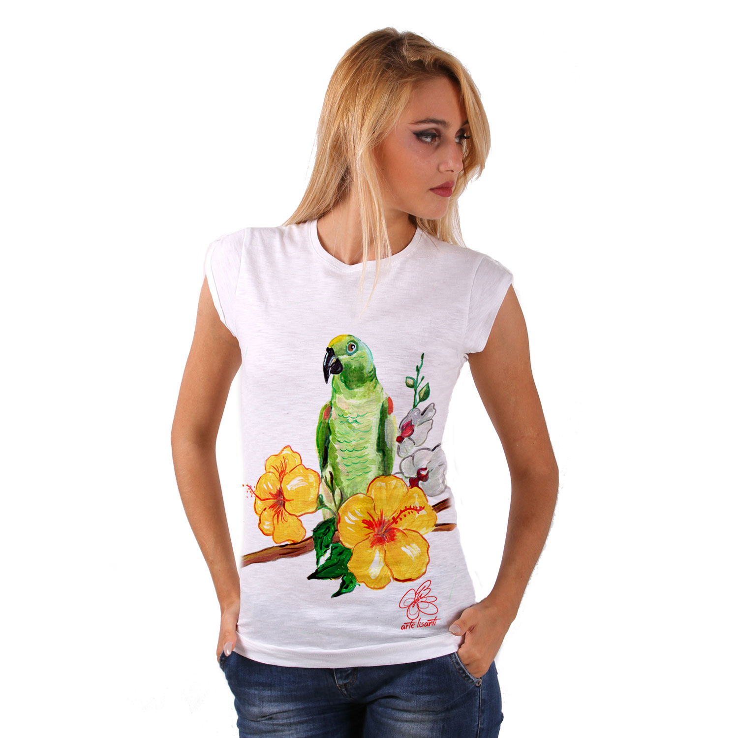 Hand-painted T-shirts - Green parrot