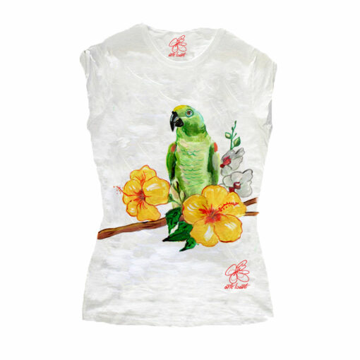 T-shirt dipinta a mano - Green parrot