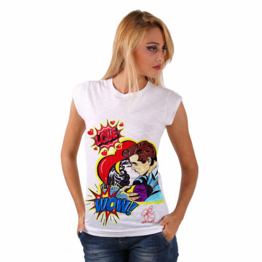 T-shirt dipinta a mano - Love, omaggio a Roy Lichtenstein