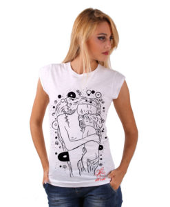 T-shirt in cotone dipinta a mano - Madre e figlio di Klimt black & white