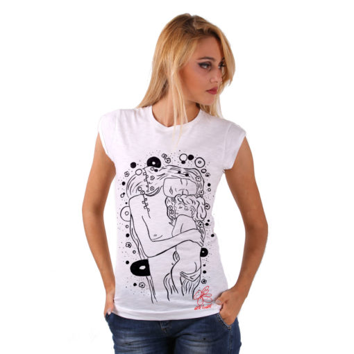 T-shirt in cotone dipinta a mano - Madre e figlio di Klimt black & white