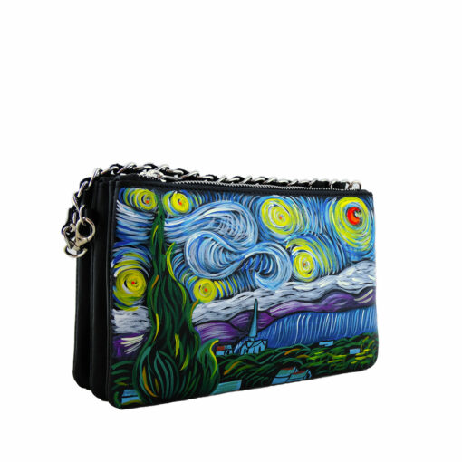 Borsetta in pelle dipinta a mano - La notte stellata di Van Gogh