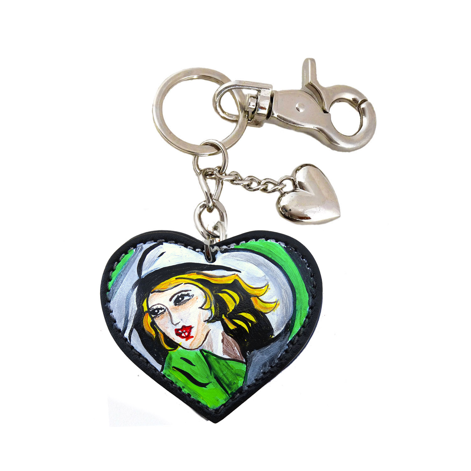 Hand painted keychain – Girl in Green with Gloves by De Lempicka
