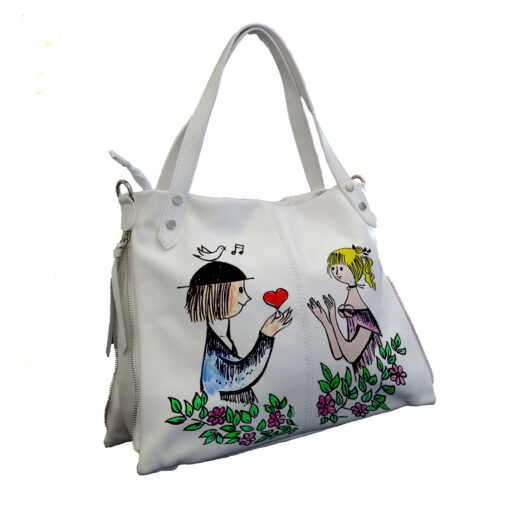 Borsa in pelle dipinta a mano – Dolci innamorati omaggio a Peynet