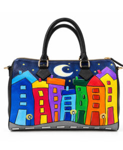 Borsa in pelle dipinta a mano – Cartoon city night evolution