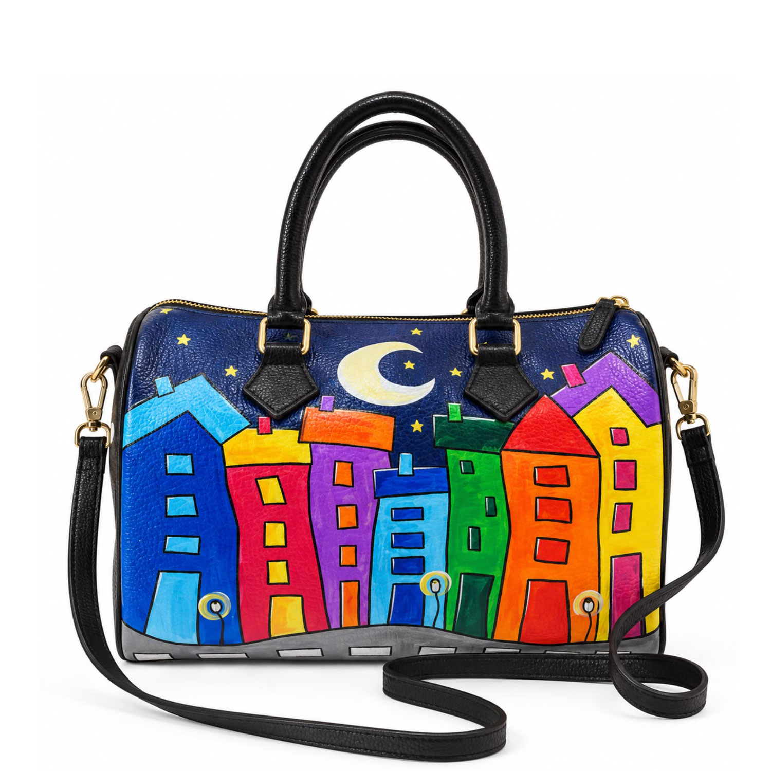 Borsa in pelle dipinta a mano – Cartoon city night evolution Borsa in pelle dipinta a mano – Cartoon city night evolution