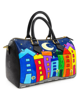 Borsa in pelle dipinta a mano – Cartoon city night evolution