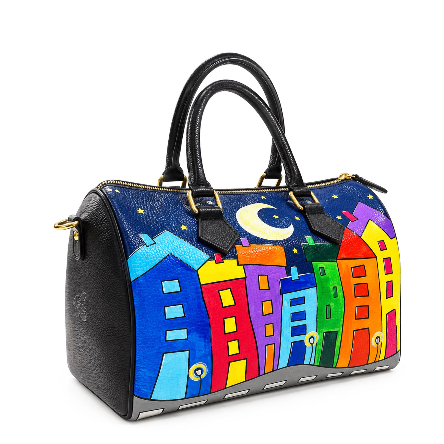 Borsa in pelle dipinta a mano – Cartoon city night evolution Borsa in pelle dipinta a mano – Cartoon city night evolution