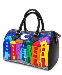 Borsa in pelle dipinta a mano – Cartoon city night evolution