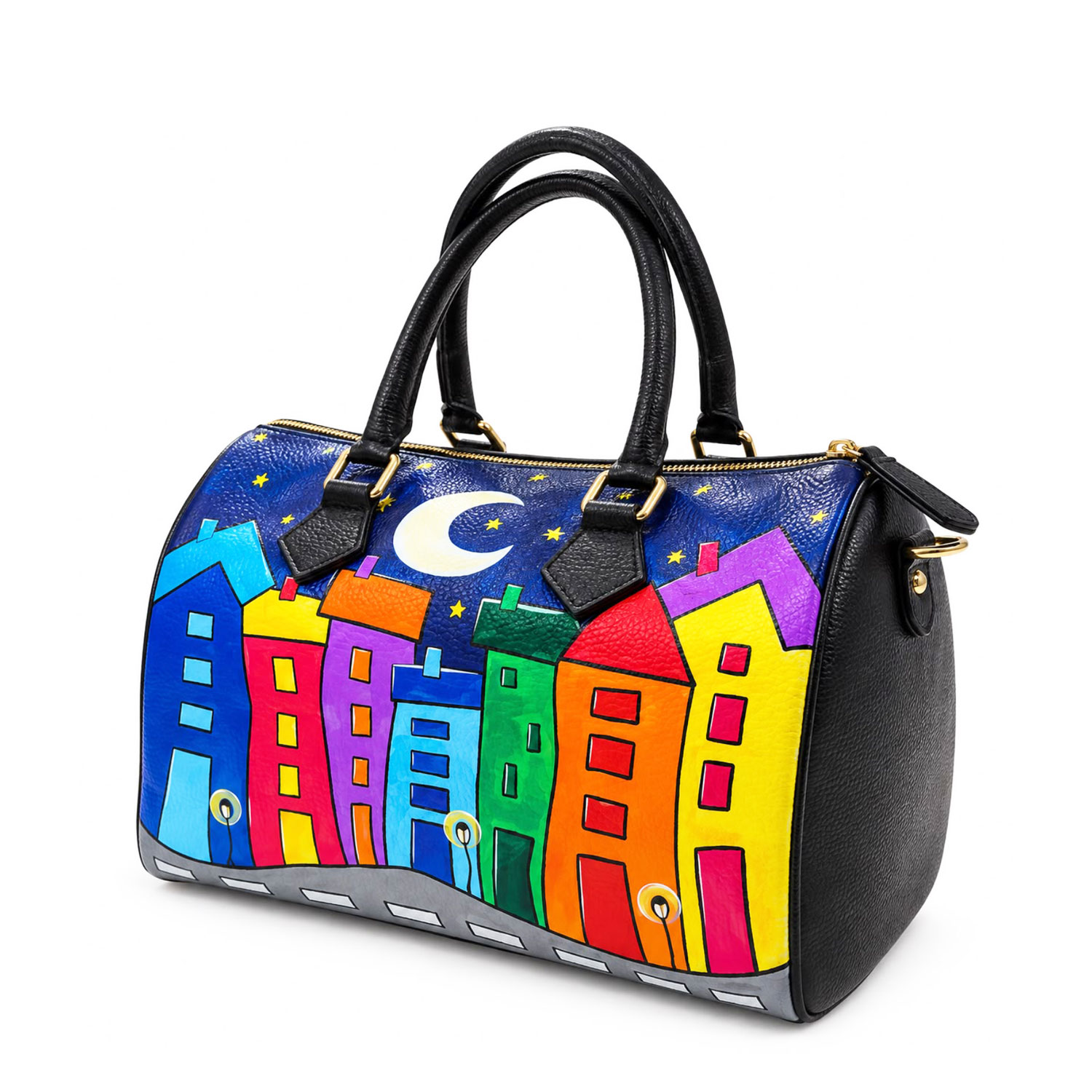 Borsa in pelle dipinta a mano – Cartoon city night evolution Borsa in pelle dipinta a mano – Cartoon city night evolution