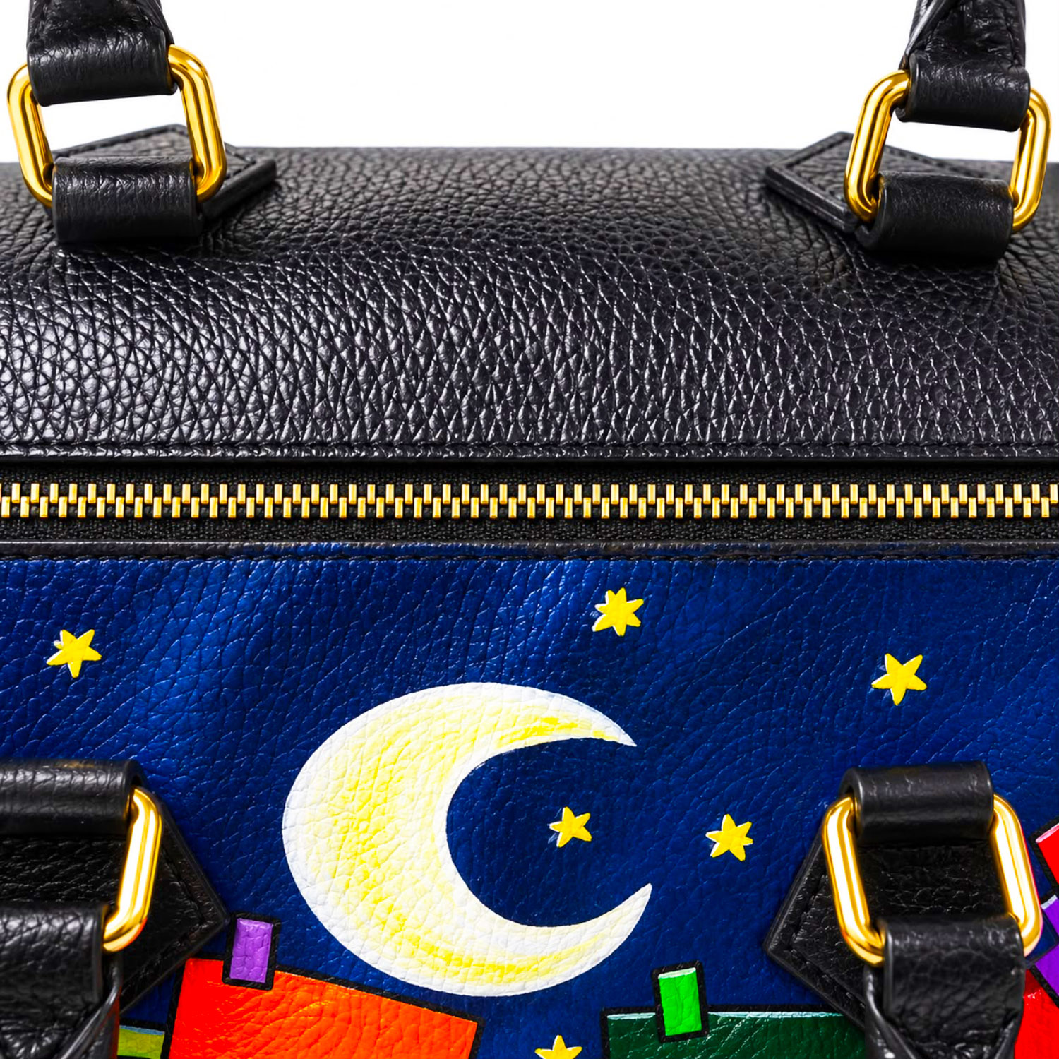 Borsa in pelle dipinta a mano – Cartoon city night evolution Borsa in pelle dipinta a mano – Cartoon city night evolution