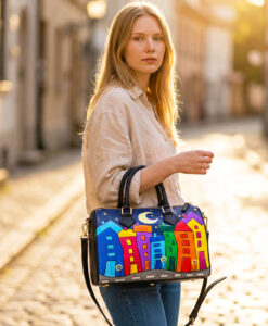 Borsa in pelle dipinta a mano – Cartoon city night evolution