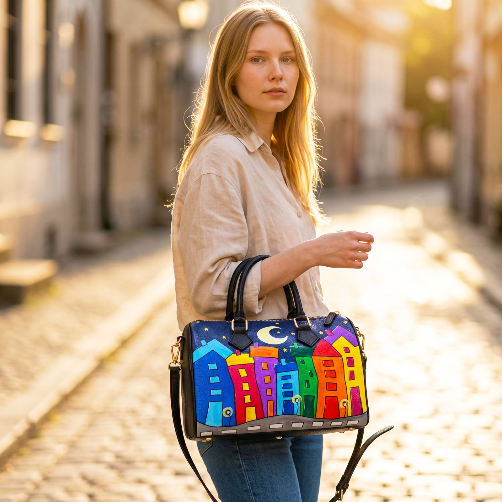 Borsa in pelle dipinta a mano – Cartoon city night evolution Borsa in pelle dipinta a mano – Cartoon city night evolution